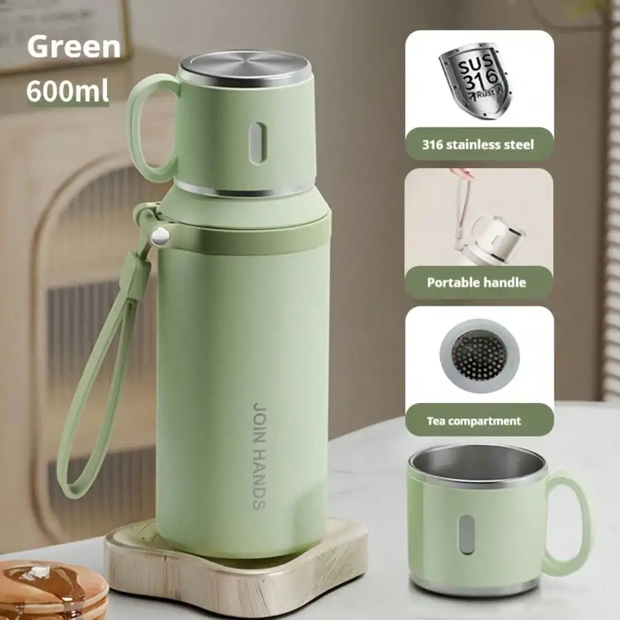 Stainless Steel Vacuum Insulated, Portable Thermal Water Bottle With Cup Lid & Carry Strap, Leakproof Hot Cold Flask For Travel Outdoor Office