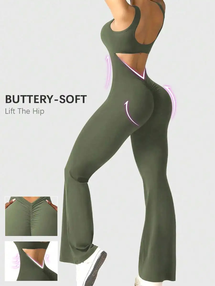 Speed mate Women's Sleeveless Yoga Jumpsuit With Butt Lifting Effect And Backless Design, Flare Bell Bottoms Shapewear Bodysuit