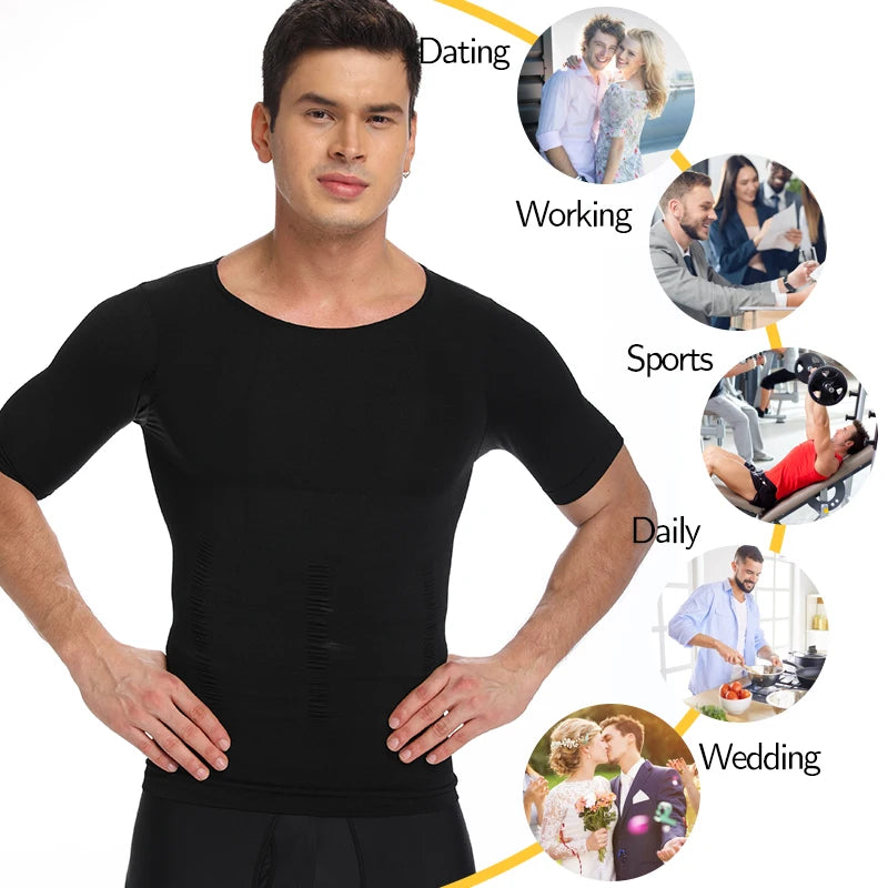 2 PCS Men Slimming Underwear Compression T-Shirt Undershirt Muscle Knitting Tank Tops Tummy Control Gym Work out Short Sleeve Shapewear High Stretch Breathable Body Shaper
