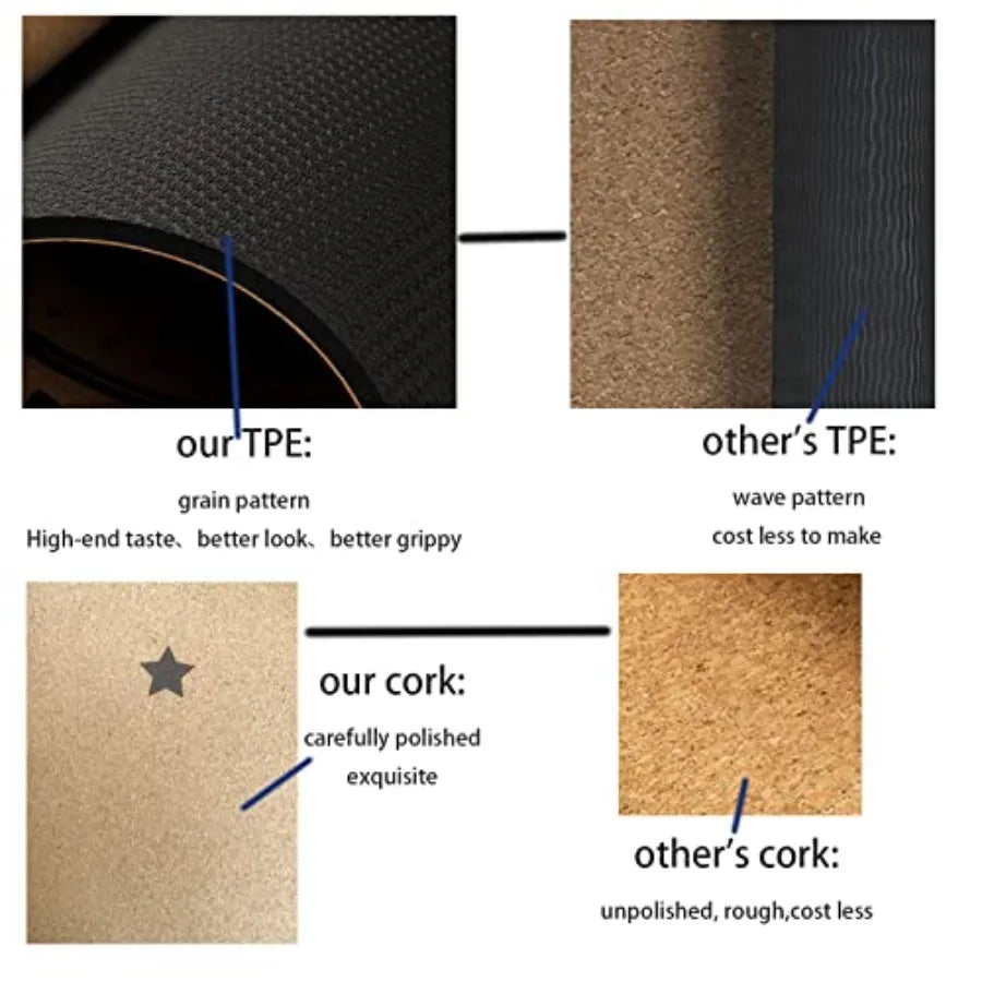 Hot yoga mat with cork surface and body alignment lines, natural beige color, non-slip sweatproof texture, made from 100 recycl