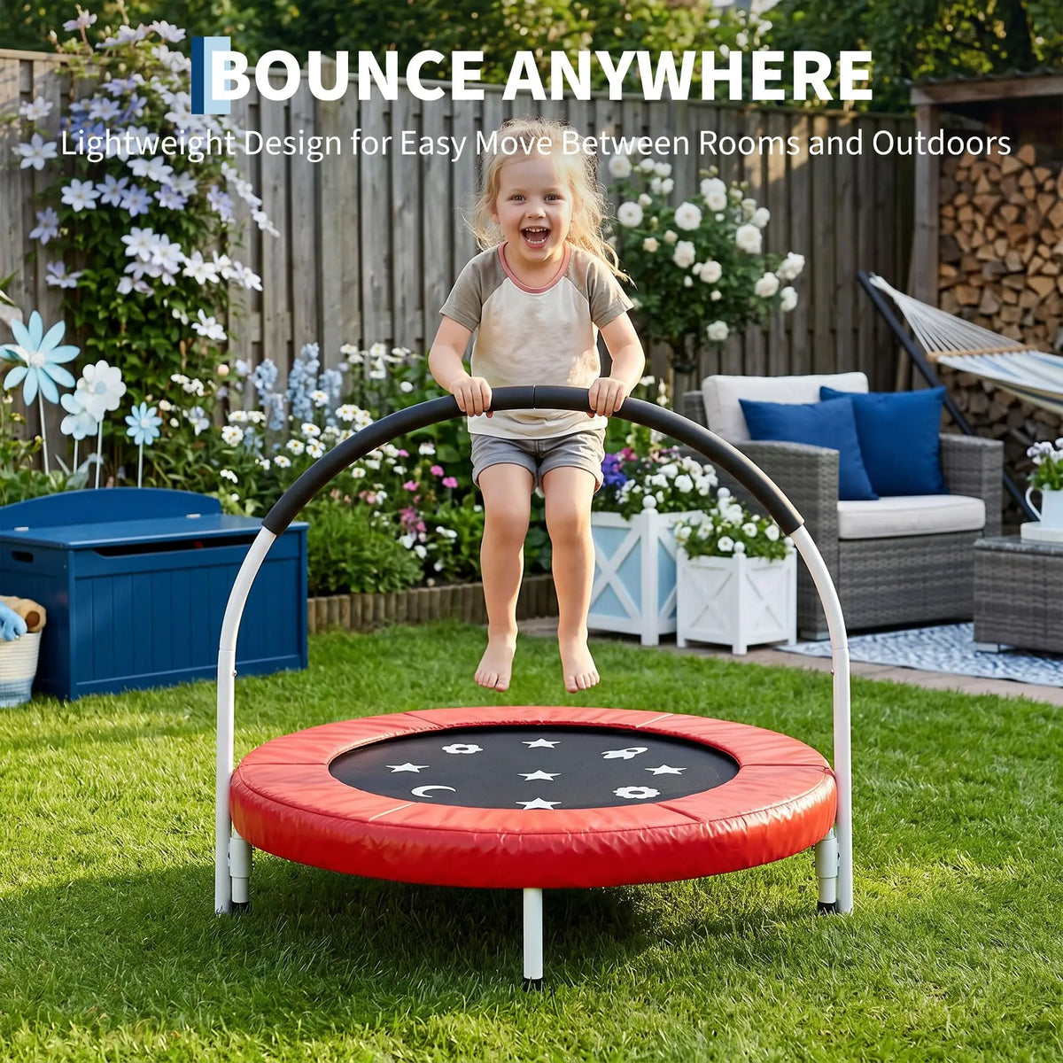 36 Inch Foldable Toddler Trampoline With Handle And Safety Pad Soft Foam Grip For Kids Ages 3 To 6 Collapsible Space Saving Design Ideal Gift For Indoor And Outdoor Use