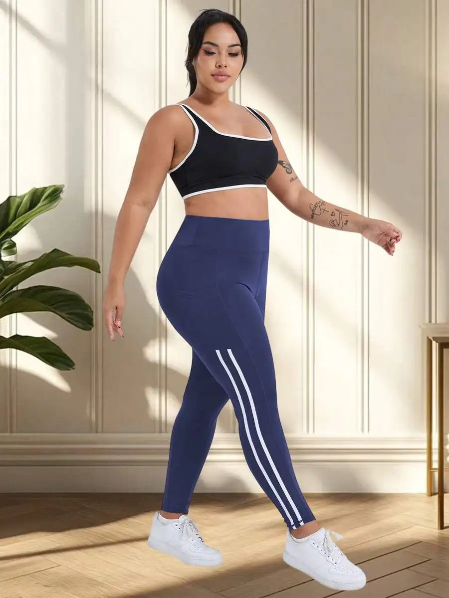 Plus Size Women High Waist Slimming Yoga Pants With White Side Stripe Decoration, Pockets, Casual Sports Running Leggings Spring