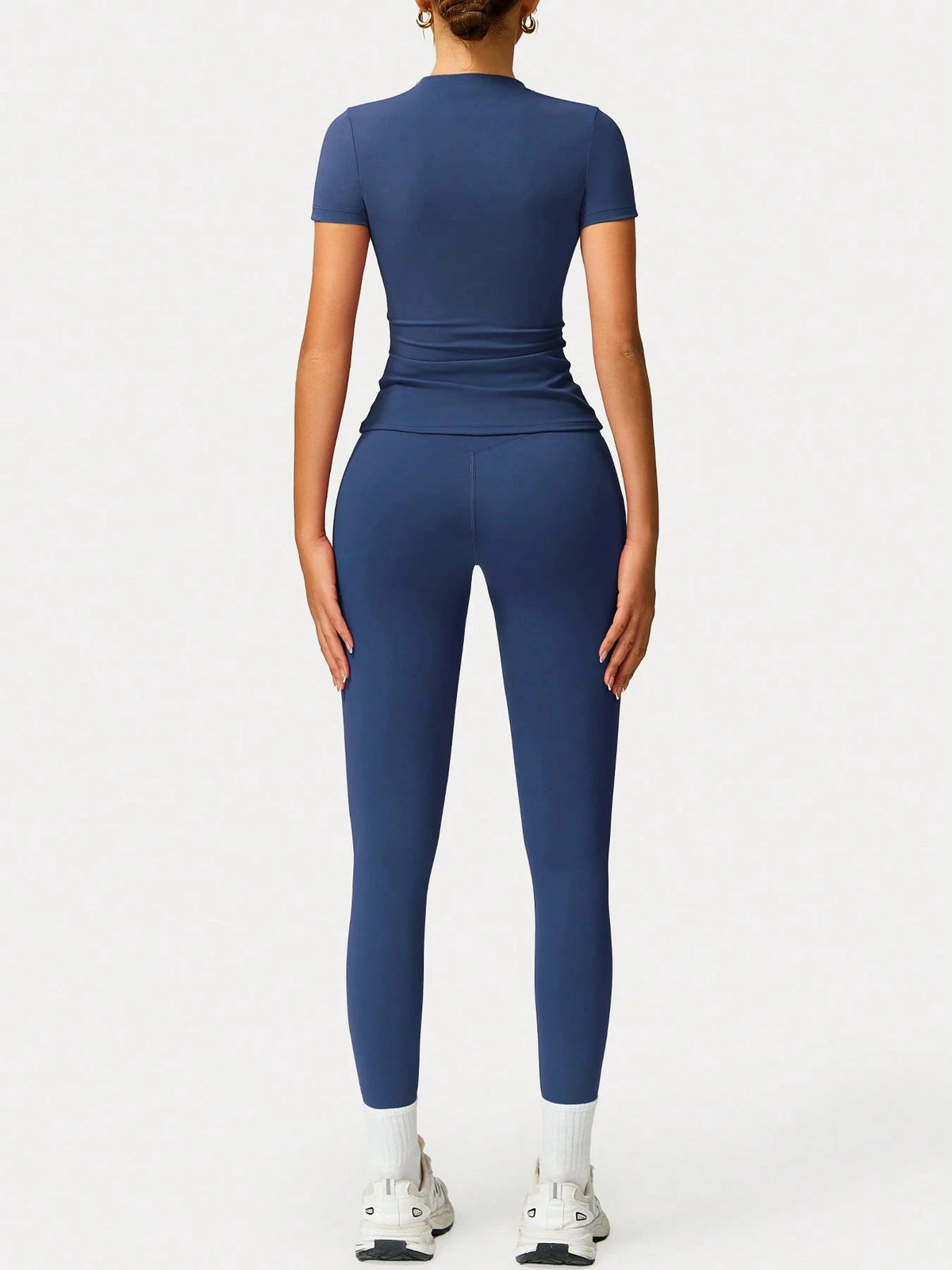 2pcs/Set Women Soft Moisture Wicking Round Neck Short Sleeve Top And Elastic Yoga Pants Summer Sports