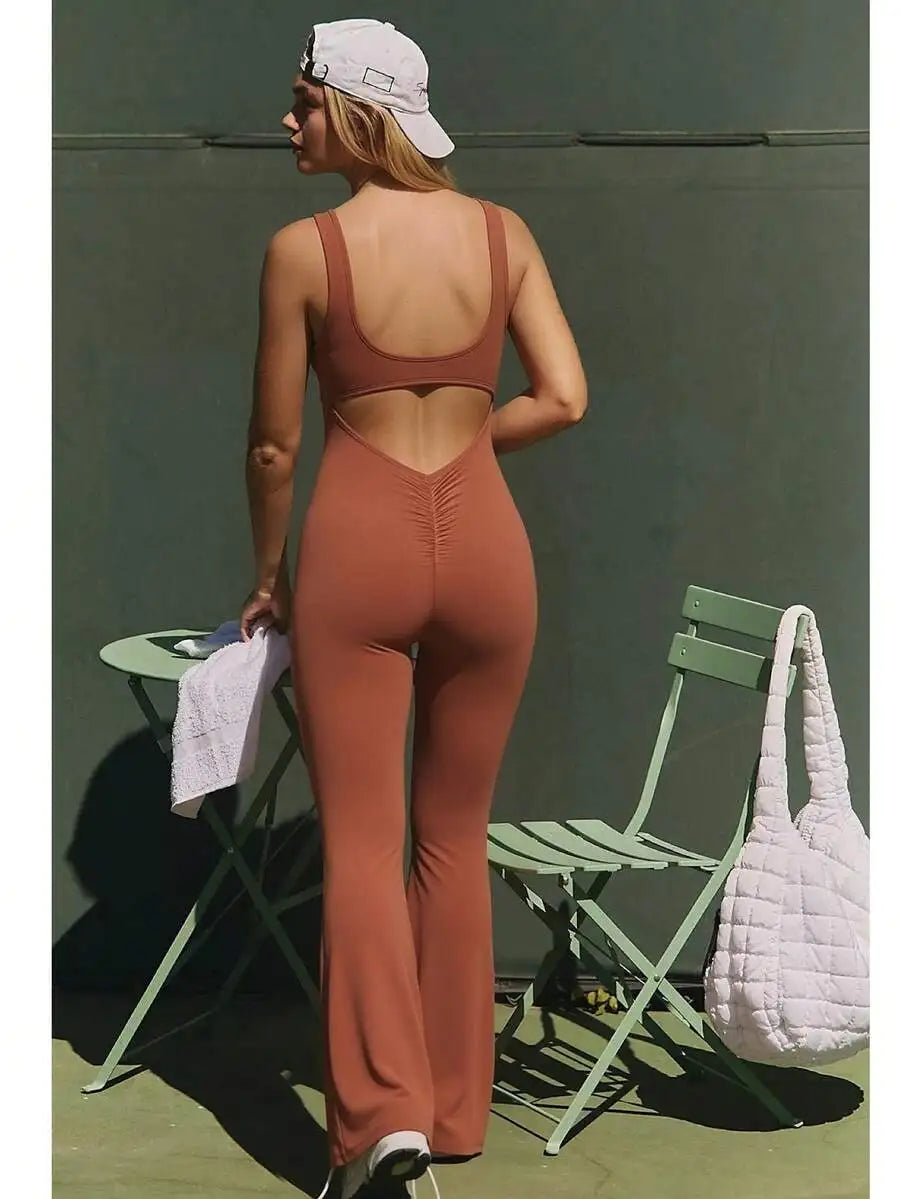 Speed mate Women's Sleeveless Yoga Jumpsuit With Butt Lifting Effect And Backless Design, Flare Bell Bottoms Shapewear Bodysuit