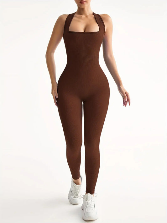 Women's Seamless Quick-Dry Yoga Jumpsuit - High-elasticity Cross-Back Strapless Square Neck Workout outfit for Gym, Fitness & Casual Wear